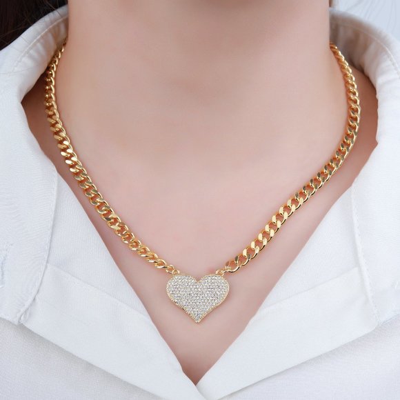 White Gold Plated Micro Pave Heart, CZ Cubic Zirconia Cuban Link Necklace - Picture 3 of 4
